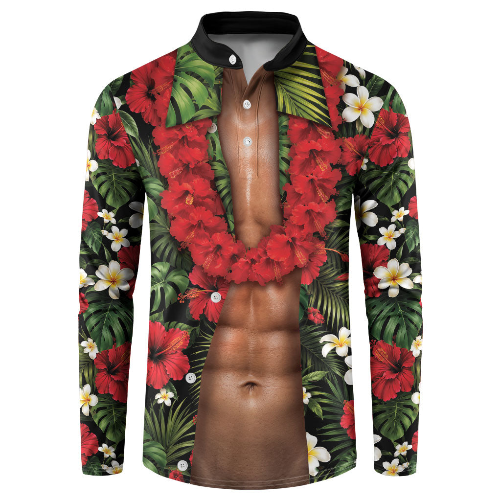 Hawaiian Floral Muscle Abs Button Sweatshirt Six Pack Hibiscus Flower Lei Luau
