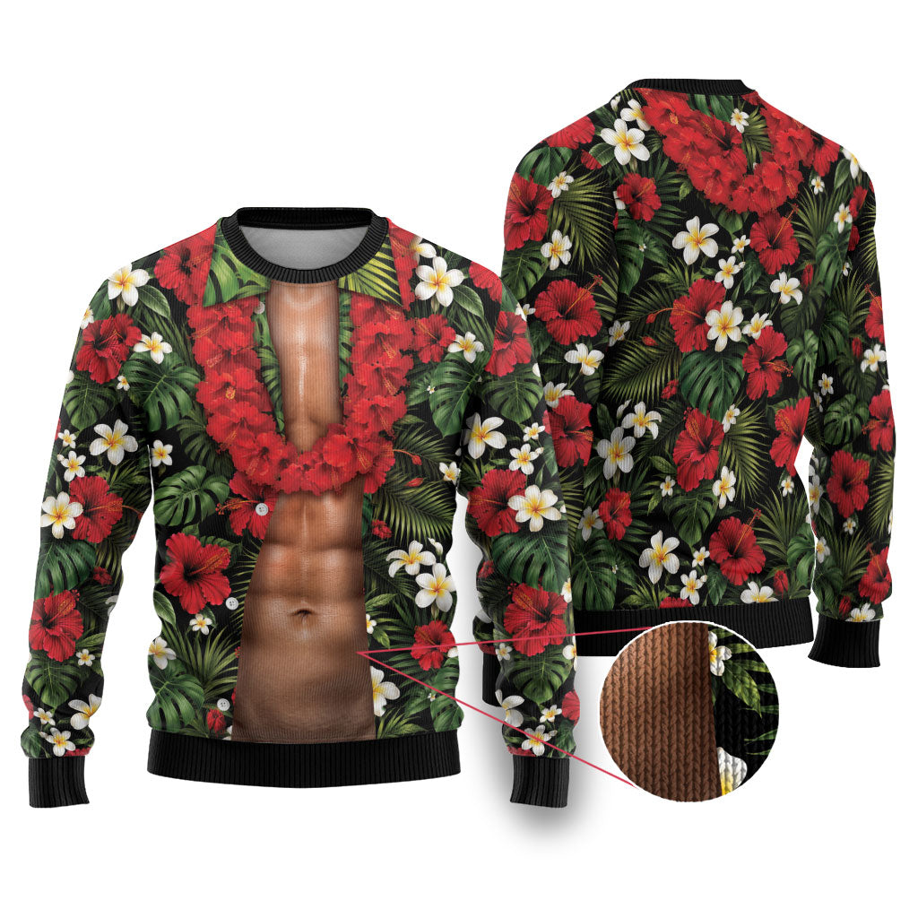 Hawaiian Floral Muscle Abs Ugly Christmas Sweater Six Pack Hibiscus Flower Lei Luau