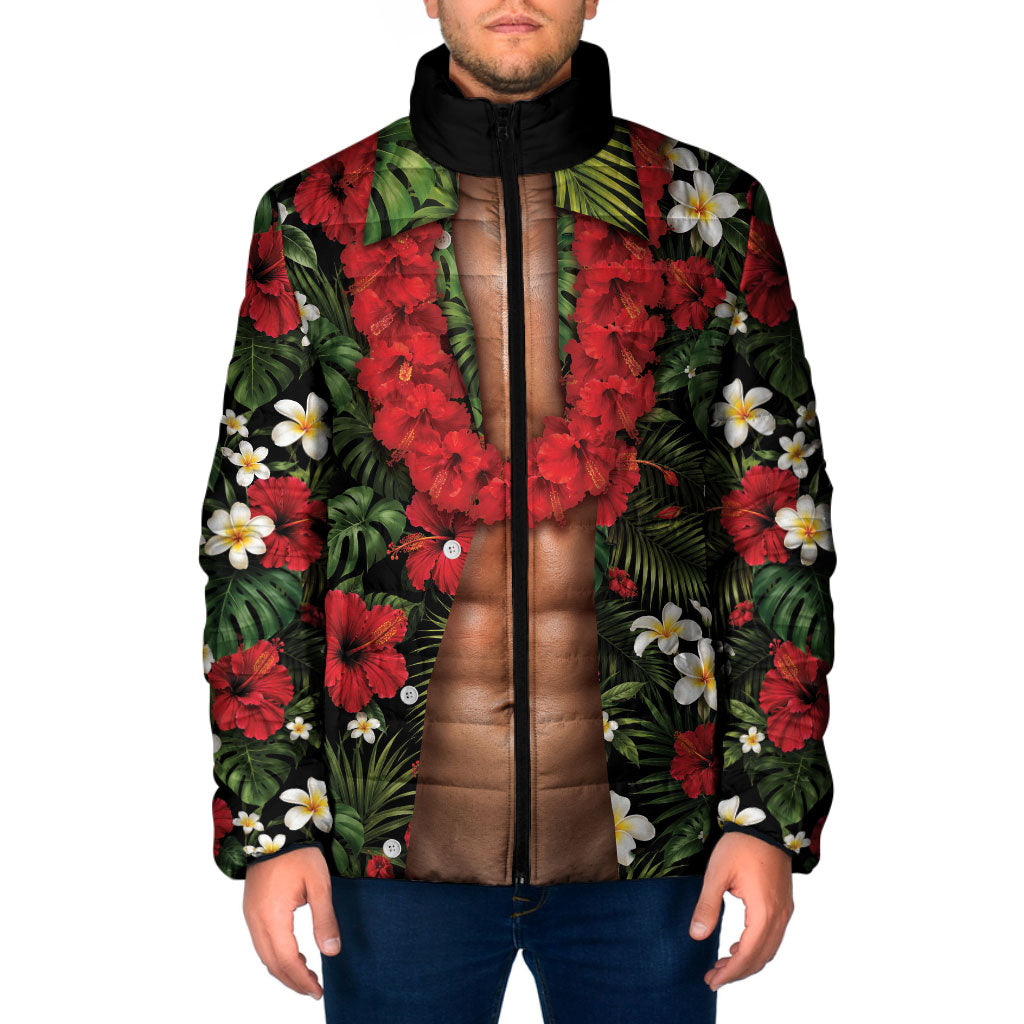 Hawaiian Floral Muscle Abs Padded Jacket Six Pack Hibiscus Flower Lei Luau DT05 Men Black - Polynesian Pride