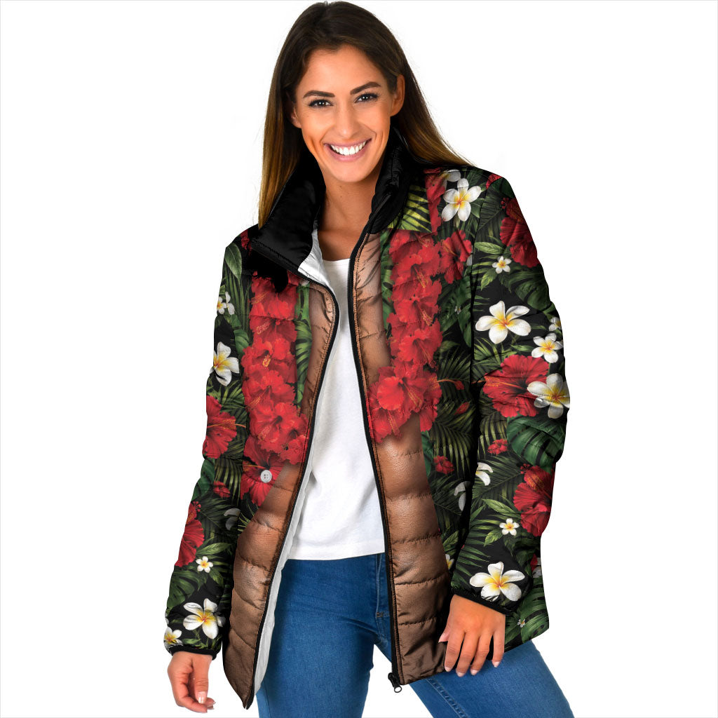 Hawaiian Floral Muscle Abs Padded Jacket Six Pack Hibiscus Flower Lei Luau DT05 Women Black - Polynesian Pride