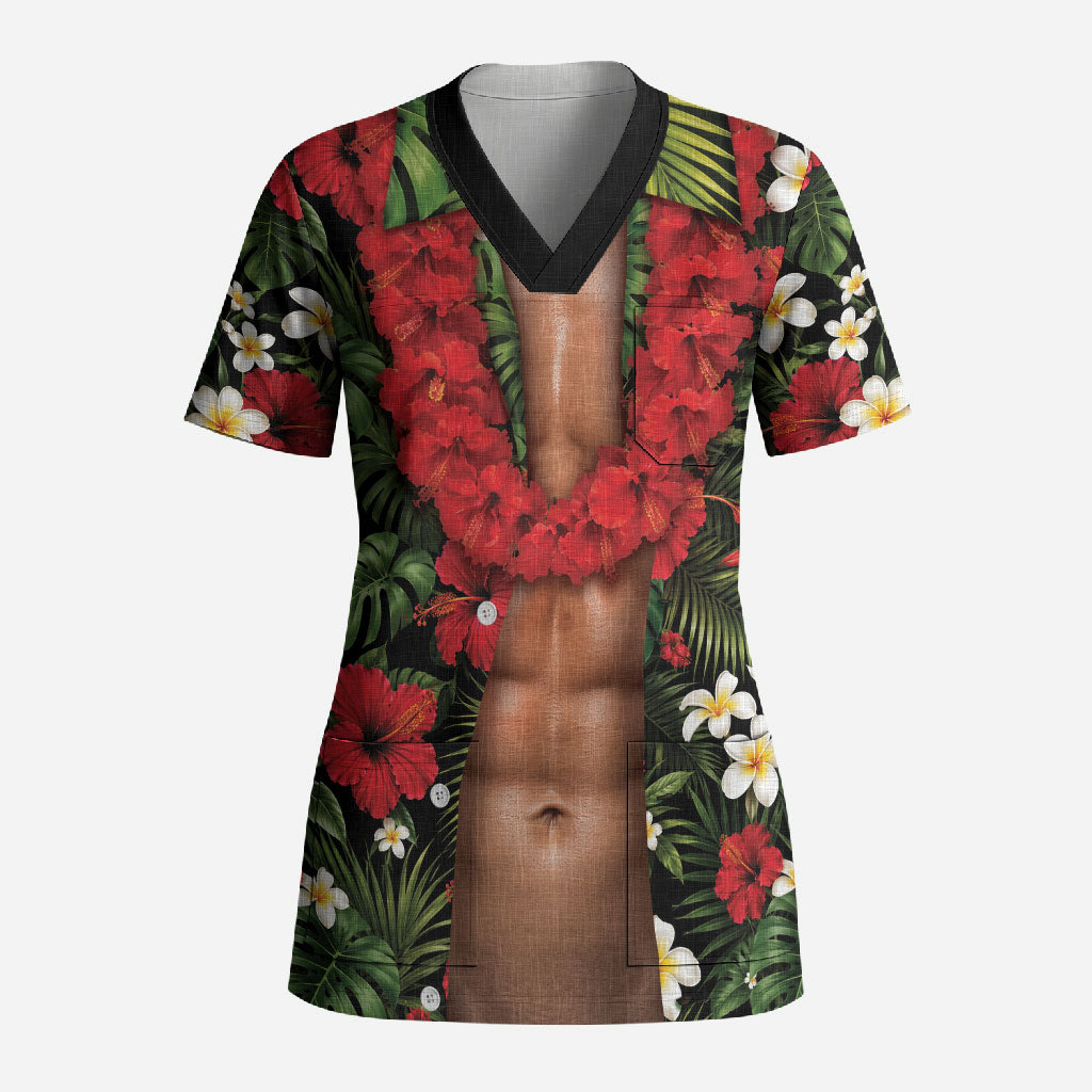 Hawaiian Floral Muscle Abs Scrub Top Six Pack Hibiscus Flower Lei Luau DT05 Adult Black - Polynesian Pride