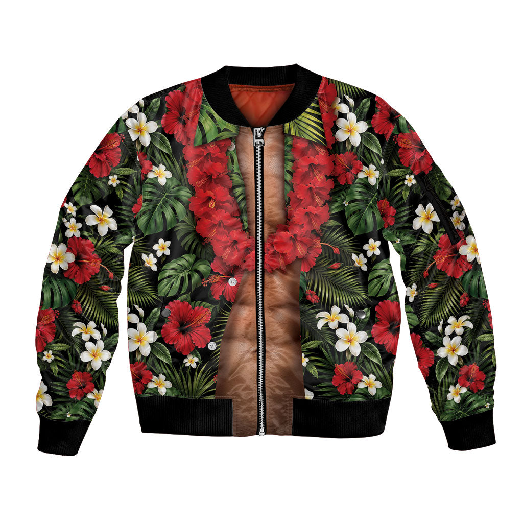 Hawaiian Floral Muscle Abs Sleeve Zip Bomber Jacket Six Pack Hibiscus Flower Lei Luau
