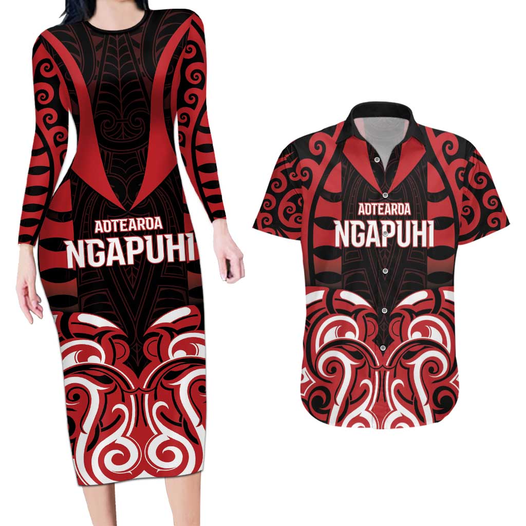 Custom Aotearoa Ngapuhi Couples Matching Long Sleeve Bodycon Dress and Hawaiian Shirt Maori Pattern New Zealand DT05 Red - Polynesian Pride