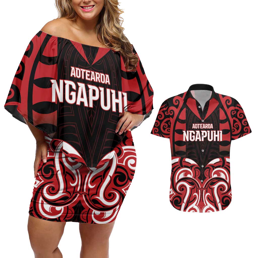 Custom Aotearoa Ngapuhi Couples Matching Off Shoulder Short Dress and Hawaiian Shirt Maori Pattern New Zealand - Polynesian Pride