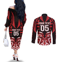 Custom Aotearoa Ngapuhi Couples Matching Off The Shoulder Long Sleeve Dress and Long Sleeve Button Shirt Maori Pattern New Zealand - Polynesian Pride