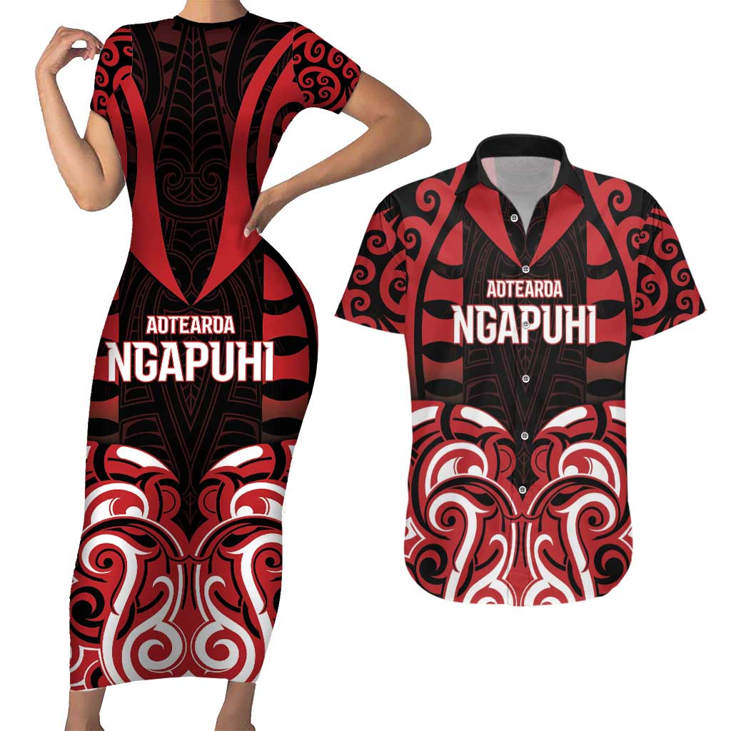 Custom Aotearoa Ngapuhi Couples Matching Short Sleeve Bodycon Dress and Hawaiian Shirt Maori Pattern New Zealand DT05 Red - Polynesian Pride