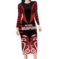 Custom Aotearoa Ngapuhi Family Matching Long Sleeve Bodycon Dress and Hawaiian Shirt Maori Pattern New Zealand DT05 Mom's Dress Red - Polynesian Pride