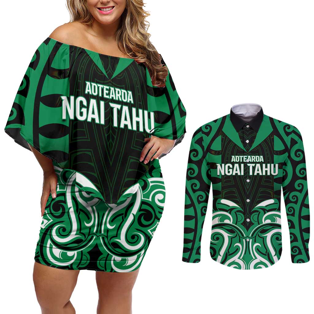 Custom Aotearoa Ngai Tahu Couples Matching Off Shoulder Short Dress and Long Sleeve Button Shirt Maori Pattern New Zealand - Polynesian Pride