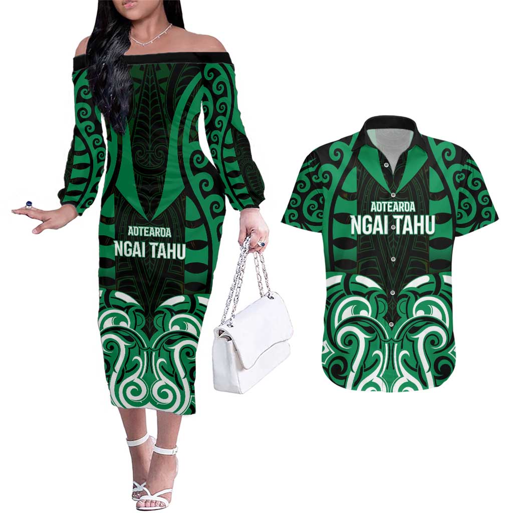Custom Aotearoa Ngai Tahu Couples Matching Off The Shoulder Long Sleeve Dress and Hawaiian Shirt Maori Pattern New Zealand - Polynesian Pride