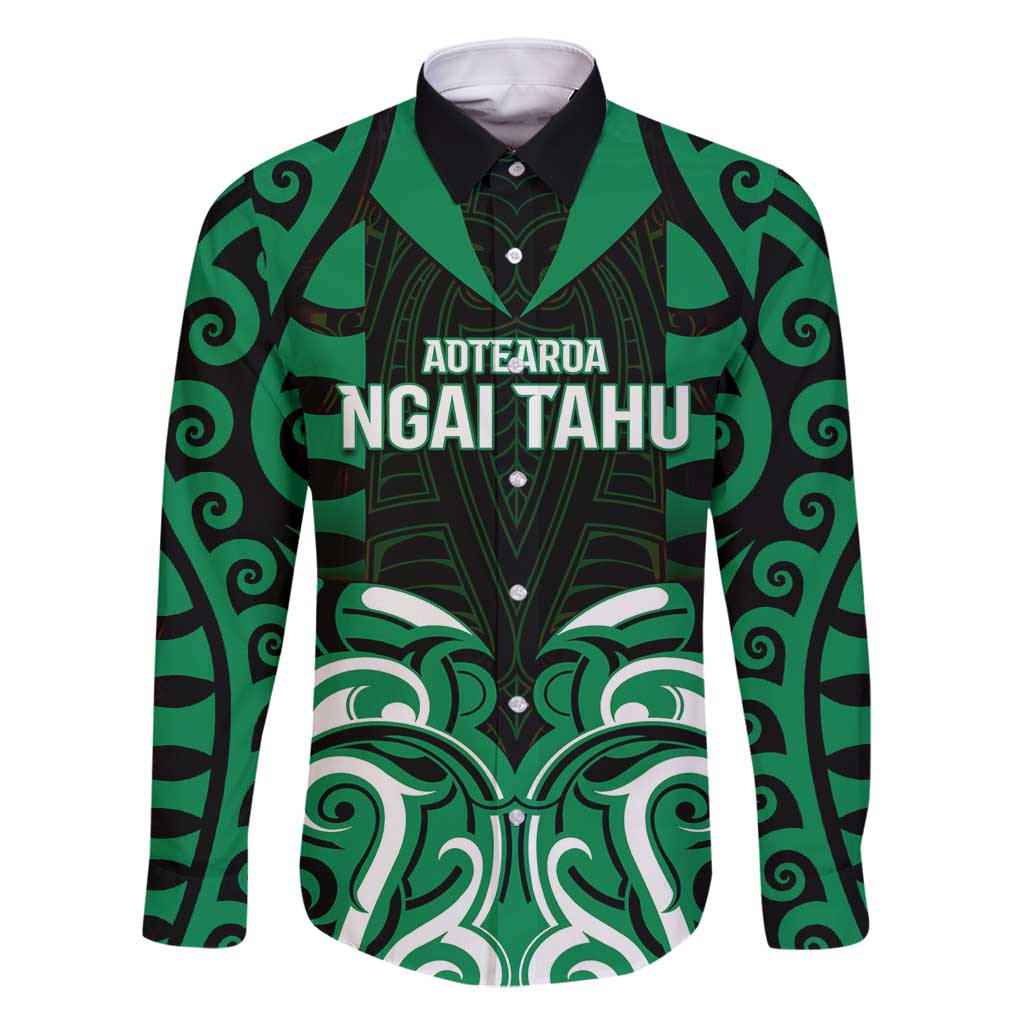 Custom Aotearoa Ngai Tahu Family Matching Off Shoulder Short Dress and Hawaiian Shirt Maori Pattern New Zealand DT05 Dad's Shirt - Long Sleeve Green - Polynesian Pride