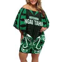 Custom Aotearoa Ngai Tahu Family Matching Off Shoulder Short Dress and Hawaiian Shirt Maori Pattern New Zealand DT05 Mom's Dress Green - Polynesian Pride