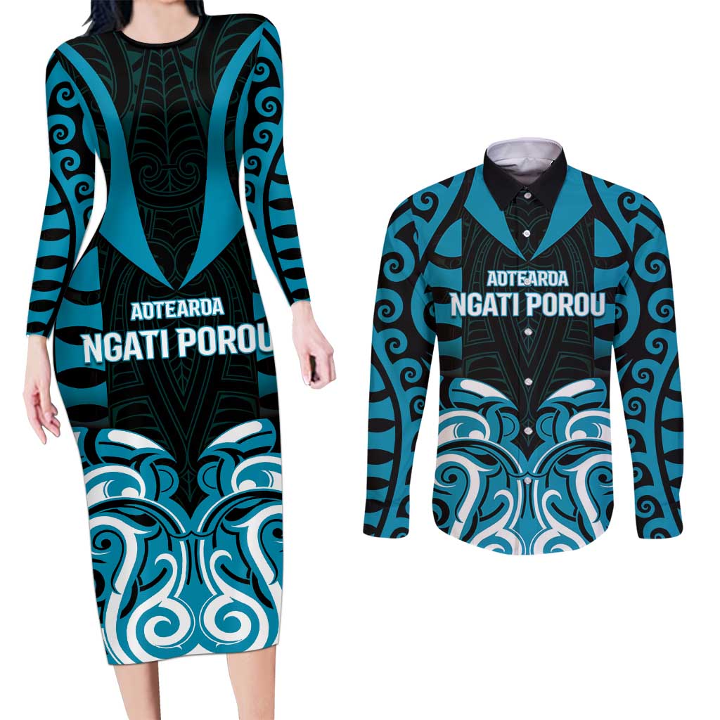 Custom Aotearoa Ngati Porou Couples Matching Long Sleeve Bodycon Dress and Long Sleeve Button Shirt Maori Pattern New Zealand - Polynesian Pride