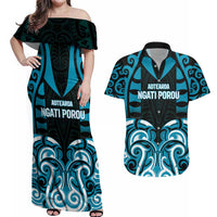 Custom Aotearoa Ngati Porou Couples Matching Off Shoulder Maxi Dress and Hawaiian Shirt Maori Pattern New Zealand DT05 Blue - Polynesian Pride