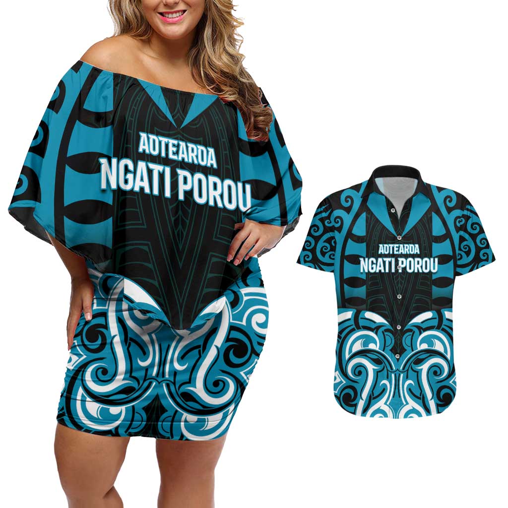 Custom Aotearoa Ngati Porou Couples Matching Off Shoulder Short Dress and Hawaiian Shirt Maori Pattern New Zealand DT05 Blue - Polynesian Pride