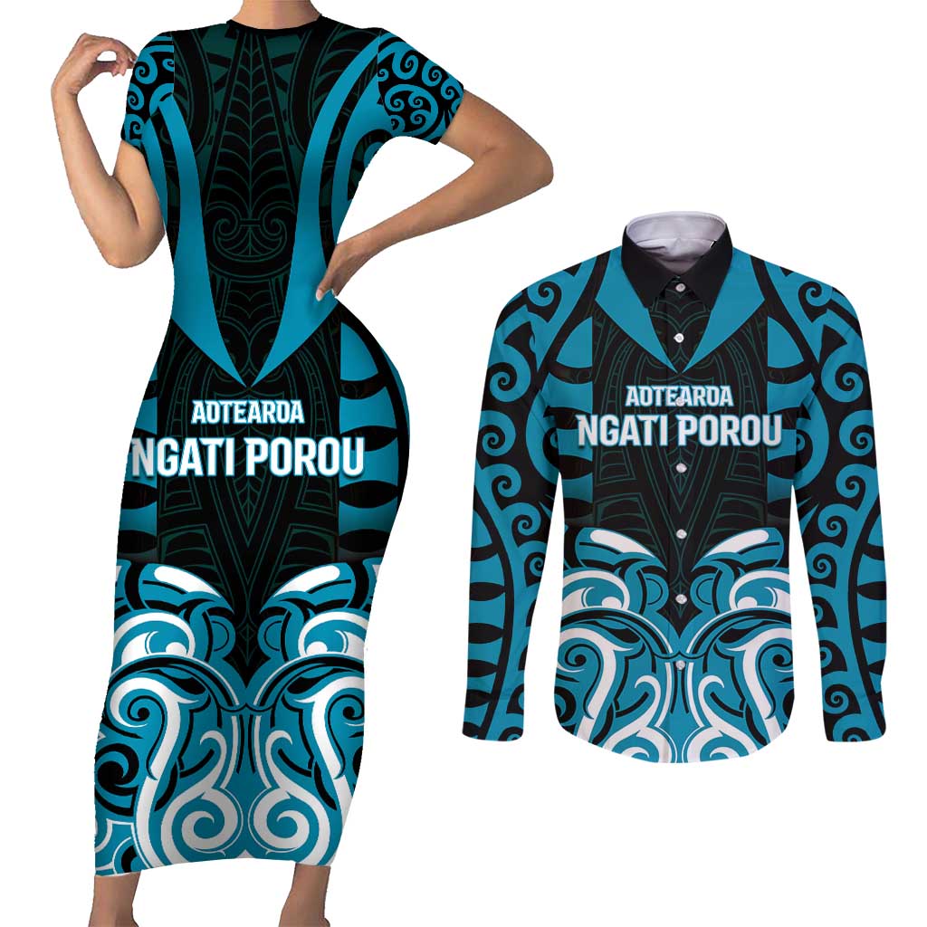 Custom Aotearoa Ngati Porou Couples Matching Short Sleeve Bodycon Dress and Long Sleeve Button Shirt Maori Pattern New Zealand DT05 Blue - Polynesian Pride