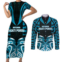 Custom Aotearoa Ngati Porou Couples Matching Short Sleeve Bodycon Dress and Long Sleeve Button Shirt Maori Pattern New Zealand DT05 Blue - Polynesian Pride