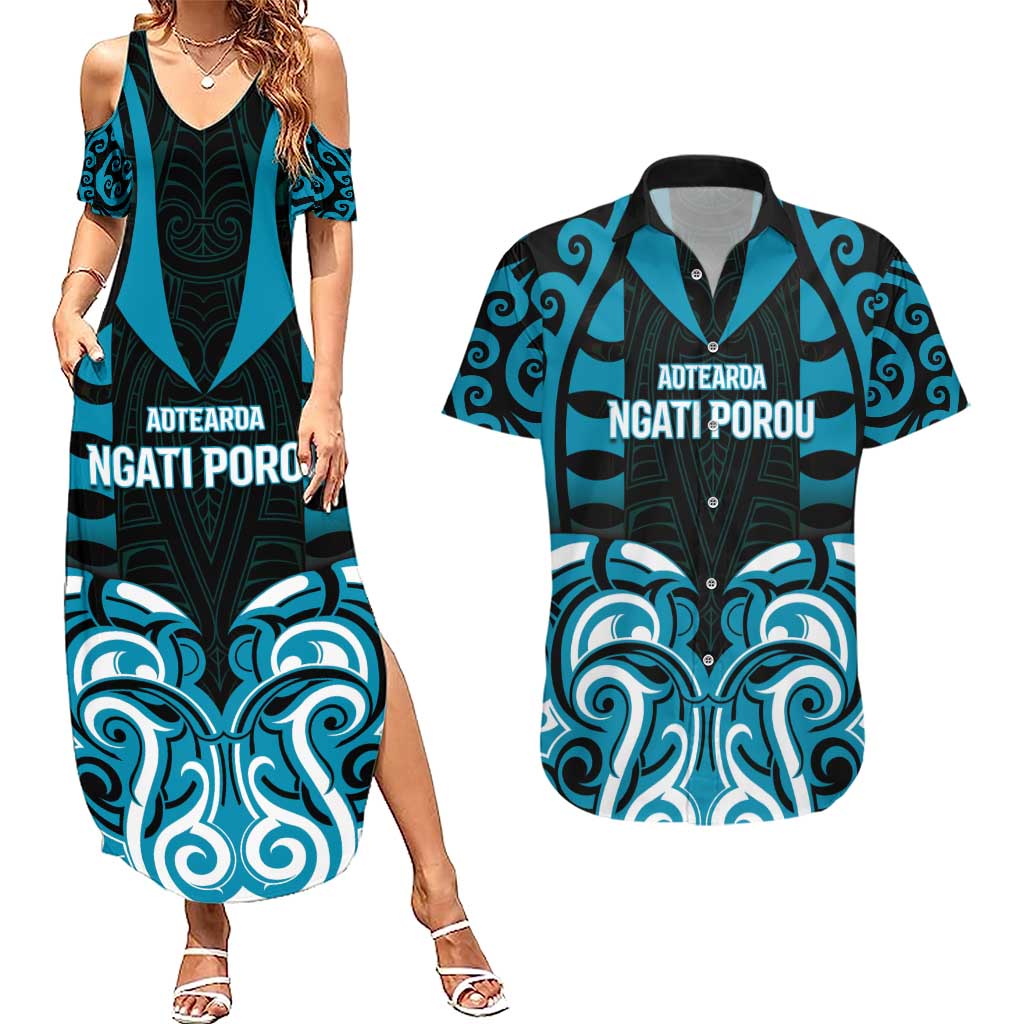 Custom Aotearoa Ngati Porou Couples Matching Summer Maxi Dress and Hawaiian Shirt Maori Pattern New Zealand DT05 Blue - Polynesian Pride