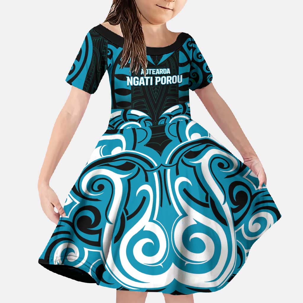Custom Aotearoa Ngati Porou Family Matching Off Shoulder Maxi Dress and Hawaiian Shirt Maori Pattern New Zealand DT05 Daughter's Dress Blue - Polynesian Pride