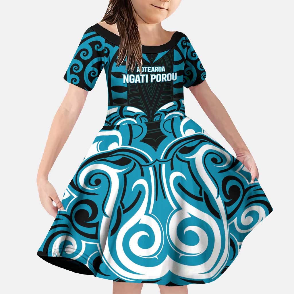 Custom Aotearoa Ngati Porou Family Matching Short Sleeve Bodycon Dress and Hawaiian Shirt Maori Pattern New Zealand DT05 Daughter's Dress Blue - Polynesian Pride