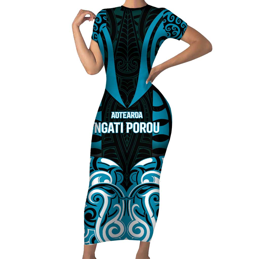 Custom Aotearoa Ngati Porou Family Matching Short Sleeve Bodycon Dress and Hawaiian Shirt Maori Pattern New Zealand DT05 Mom's Dress Blue - Polynesian Pride