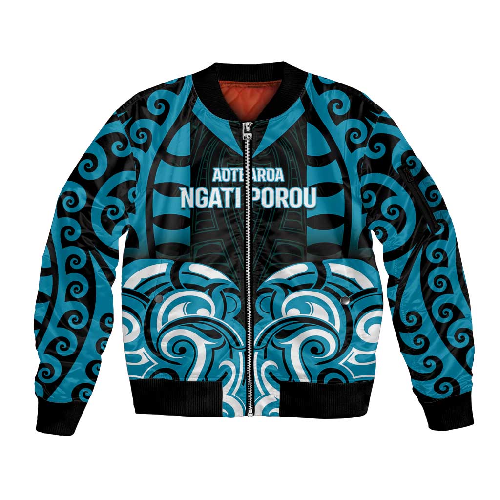 Custom Aotearoa Ngati Porou Sleeve Zip Bomber Jacket Maori Pattern New Zealand DT05 Unisex Blue - Polynesian Pride