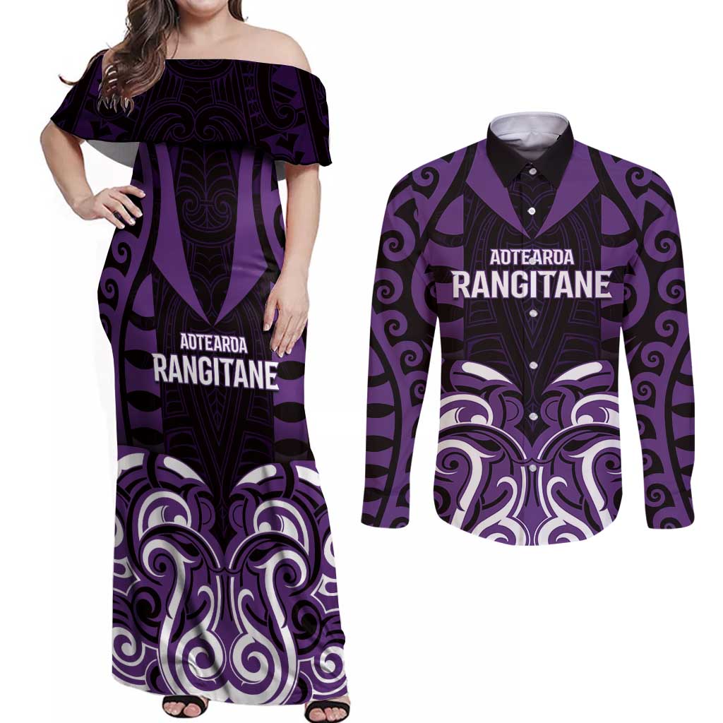 Custom Aotearoa Rangitane Couples Matching Off Shoulder Maxi Dress and Long Sleeve Button Shirt Maori Pattern New Zealand - Polynesian Pride