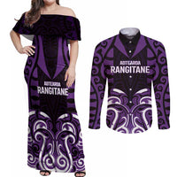 Custom Aotearoa Rangitane Couples Matching Off Shoulder Maxi Dress and Long Sleeve Button Shirt Maori Pattern New Zealand - Polynesian Pride
