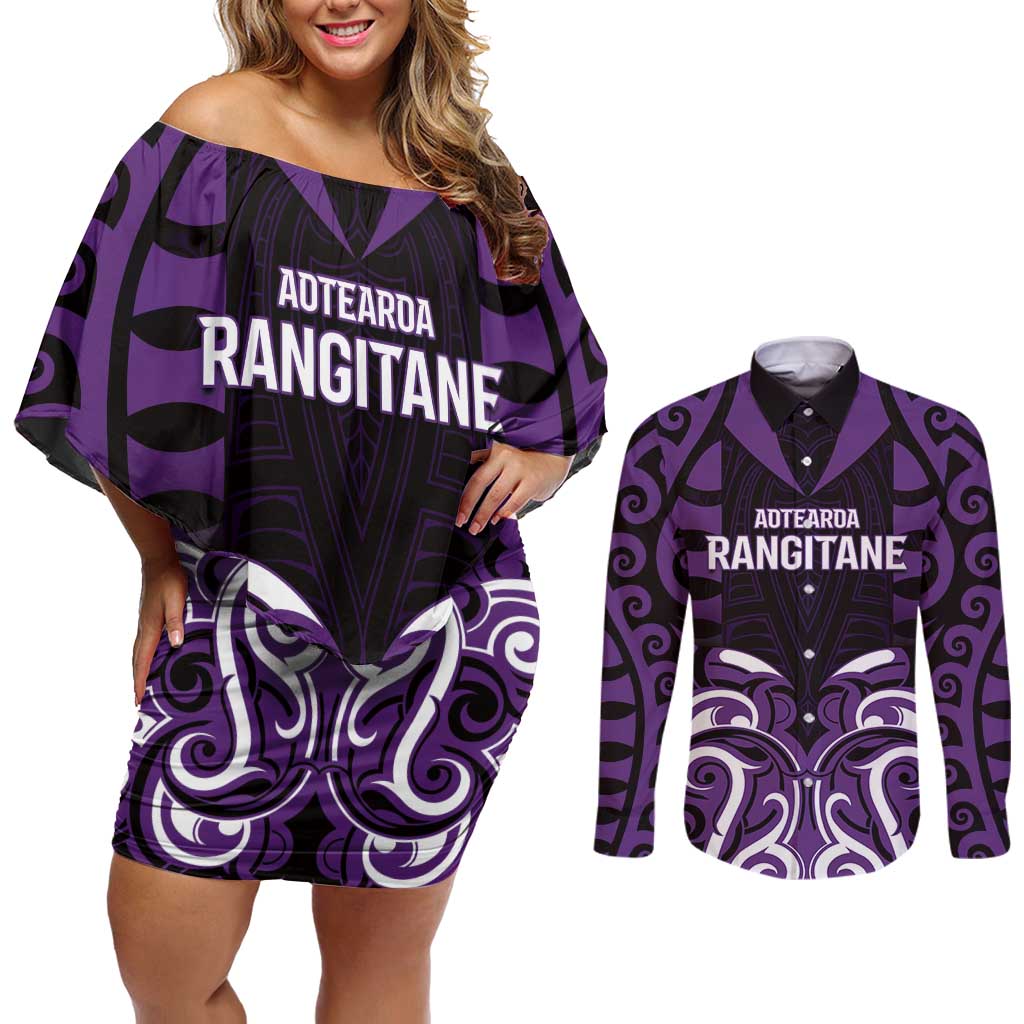 Custom Aotearoa Rangitane Couples Matching Off Shoulder Short Dress and Long Sleeve Button Shirt Maori Pattern New Zealand DT05 Purple - Polynesian Pride