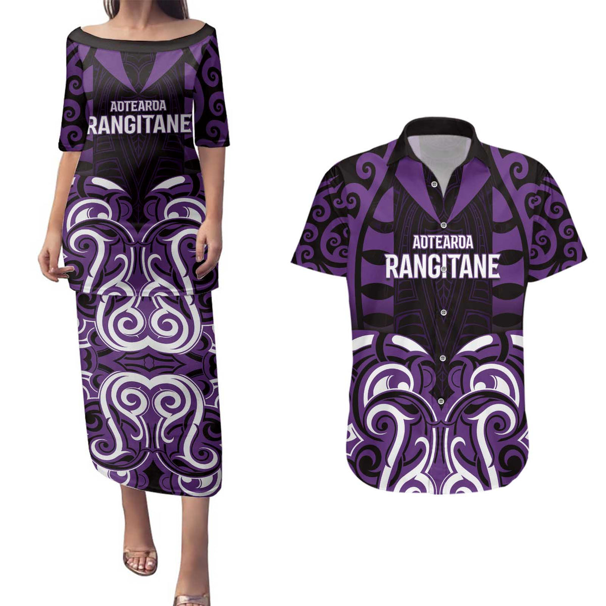 Custom Aotearoa Rangitane Couples Matching Puletasi and Hawaiian Shirt Maori Pattern New Zealand - Polynesian Pride