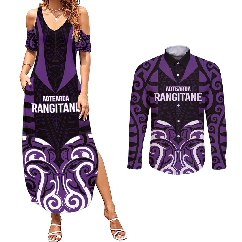 Custom Aotearoa Rangitane Couples Matching Summer Maxi Dress and Long Sleeve Button Shirt Maori Pattern New Zealand - Polynesian Pride