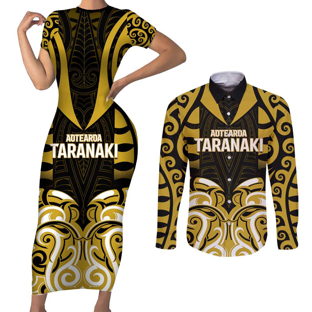 Custom Aotearoa Taranaki Couples Matching Short Sleeve Bodycon Dress and Long Sleeve Button Shirt Maori Pattern New Zealand - Polynesian Pride
