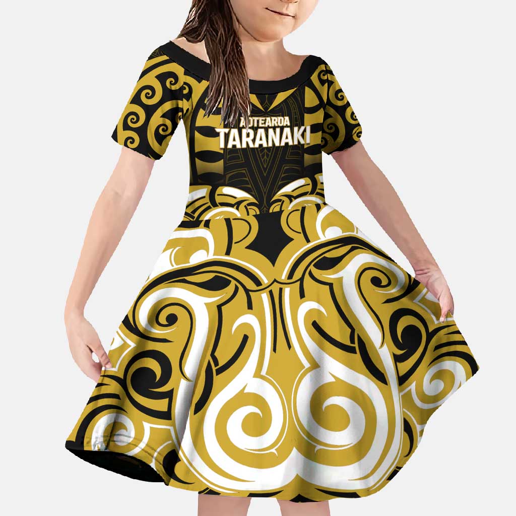 Custom Aotearoa Taranaki Family Matching Short Sleeve Bodycon Dress and Hawaiian Shirt Maori Pattern New Zealand DT05 Daughter's Dress Yellow - Polynesian Pride