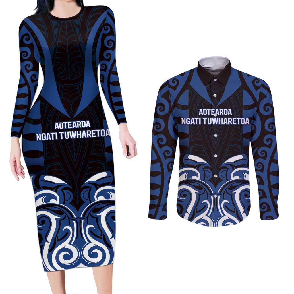 Custom Aotearoa Ngati Tuwharetoa Couples Matching Long Sleeve Bodycon Dress and Long Sleeve Button Shirt Maori Pattern New Zealand - Polynesian Pride
