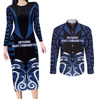 Custom Aotearoa Ngati Tuwharetoa Couples Matching Long Sleeve Bodycon Dress and Long Sleeve Button Shirt Maori Pattern New Zealand DT05 Navy - Polynesian Pride