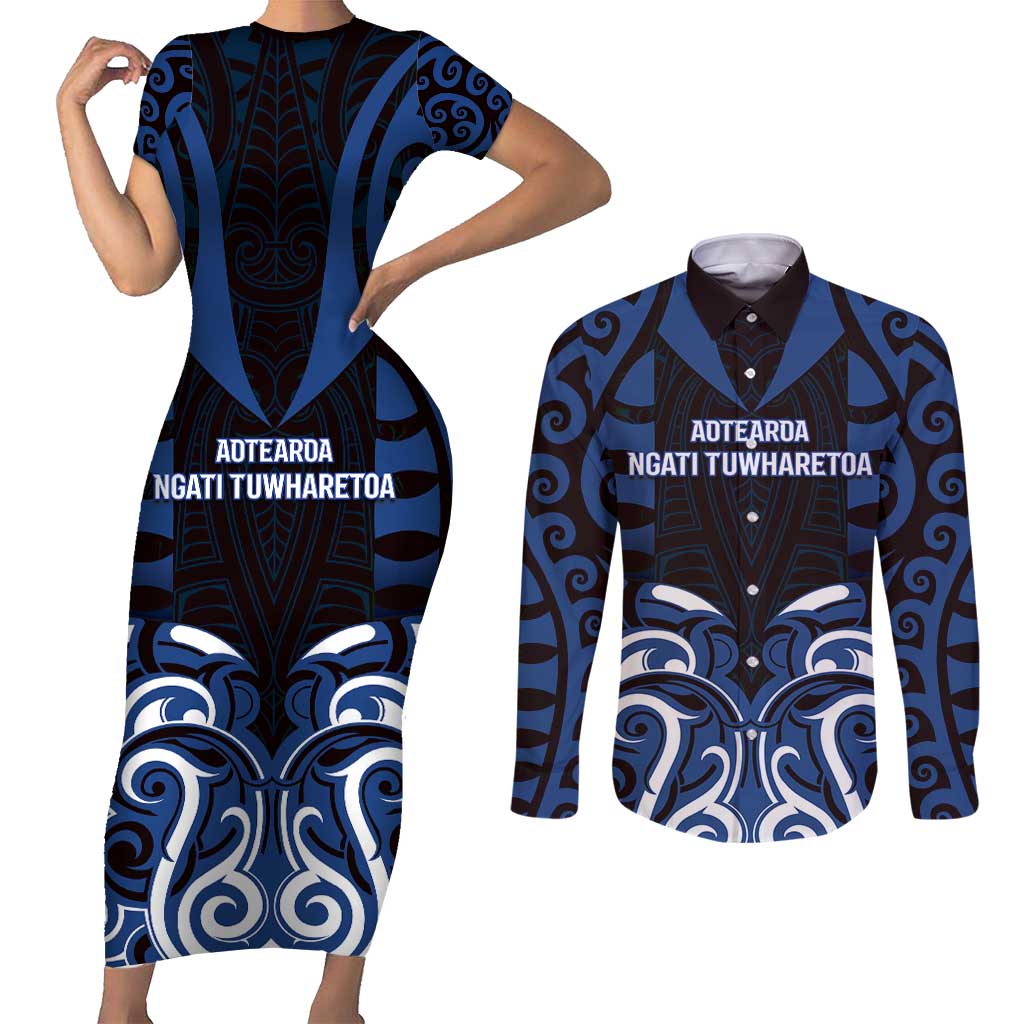 Custom Aotearoa Ngati Tuwharetoa Couples Matching Short Sleeve Bodycon Dress and Long Sleeve Button Shirt Maori Pattern New Zealand DT05 Navy - Polynesian Pride