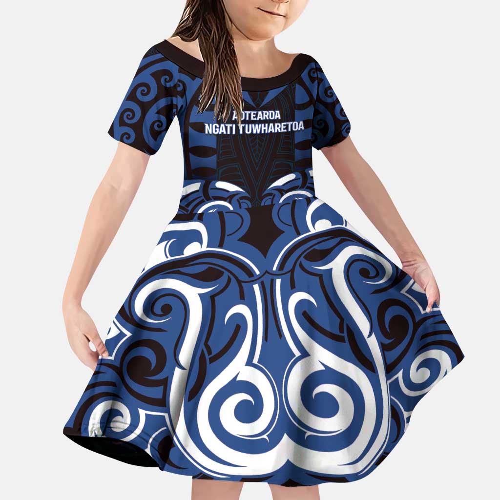 Custom Aotearoa Ngati Tuwharetoa Family Matching Puletasi and Hawaiian Shirt Maori Pattern New Zealand DT05 Daughter's Dress Navy - Polynesian Pride
