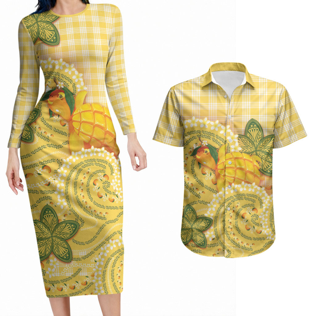 Hawaii Palaka Couples Matching Long Sleeve Bodycon Dress and Hawaiian Shirt Cute Ripe Mango Turtle On The Waves DT05 Yellow - Polynesian Pride