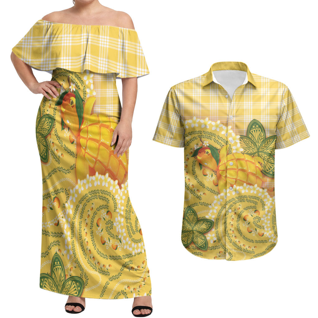 Hawaii Palaka Couples Matching Off Shoulder Maxi Dress and Hawaiian Shirt Cute Ripe Mango Turtle On The Waves