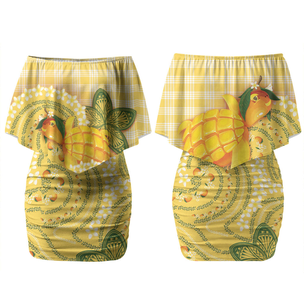 Hawaii Palaka Couples Matching Off Shoulder Short Dress and Hawaiian Shirt Cute Ripe Mango Turtle On The Waves