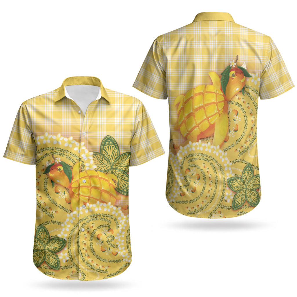 Hawaii Palaka Couples Matching Off Shoulder Short Dress and Hawaiian Shirt Cute Ripe Mango Turtle On The Waves