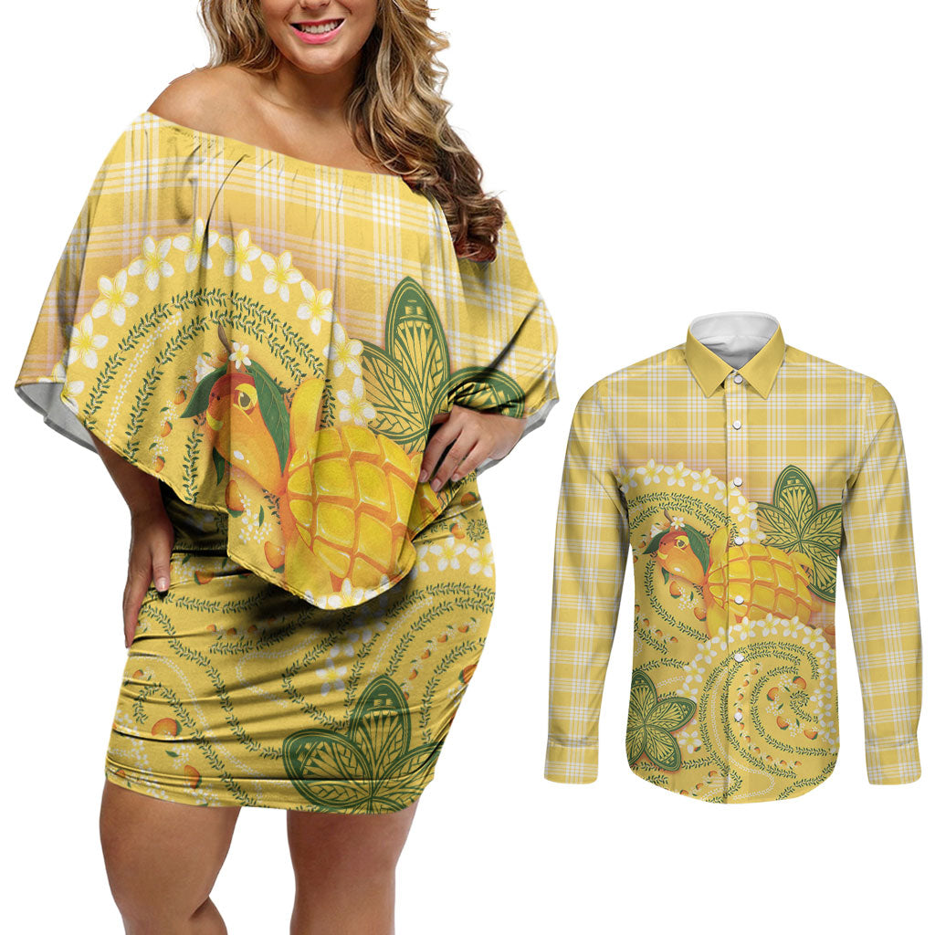 Hawaii Palaka Couples Matching Off Shoulder Short Dress and Long Sleeve Button Shirt Cute Ripe Mango Turtle On The Waves DT05 Yellow - Polynesian Pride