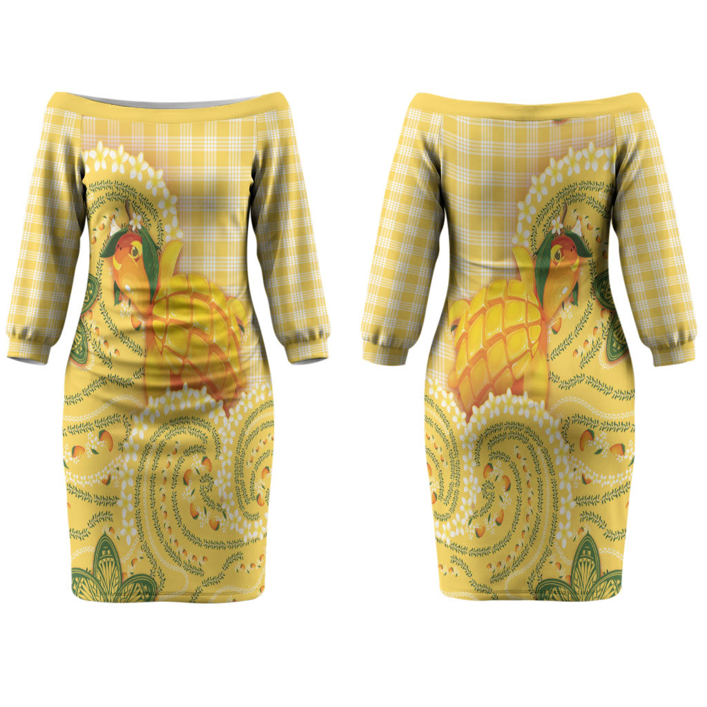 Hawaii Palaka Couples Matching Off The Shoulder Long Sleeve Dress and Long Sleeve Button Shirt Cute Ripe Mango Turtle On The Waves