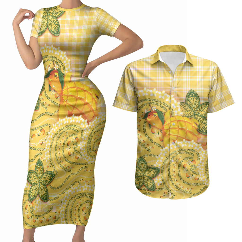 Hawaii Palaka Couples Matching Short Sleeve Bodycon Dress and Hawaiian Shirt Cute Ripe Mango Turtle On The Waves