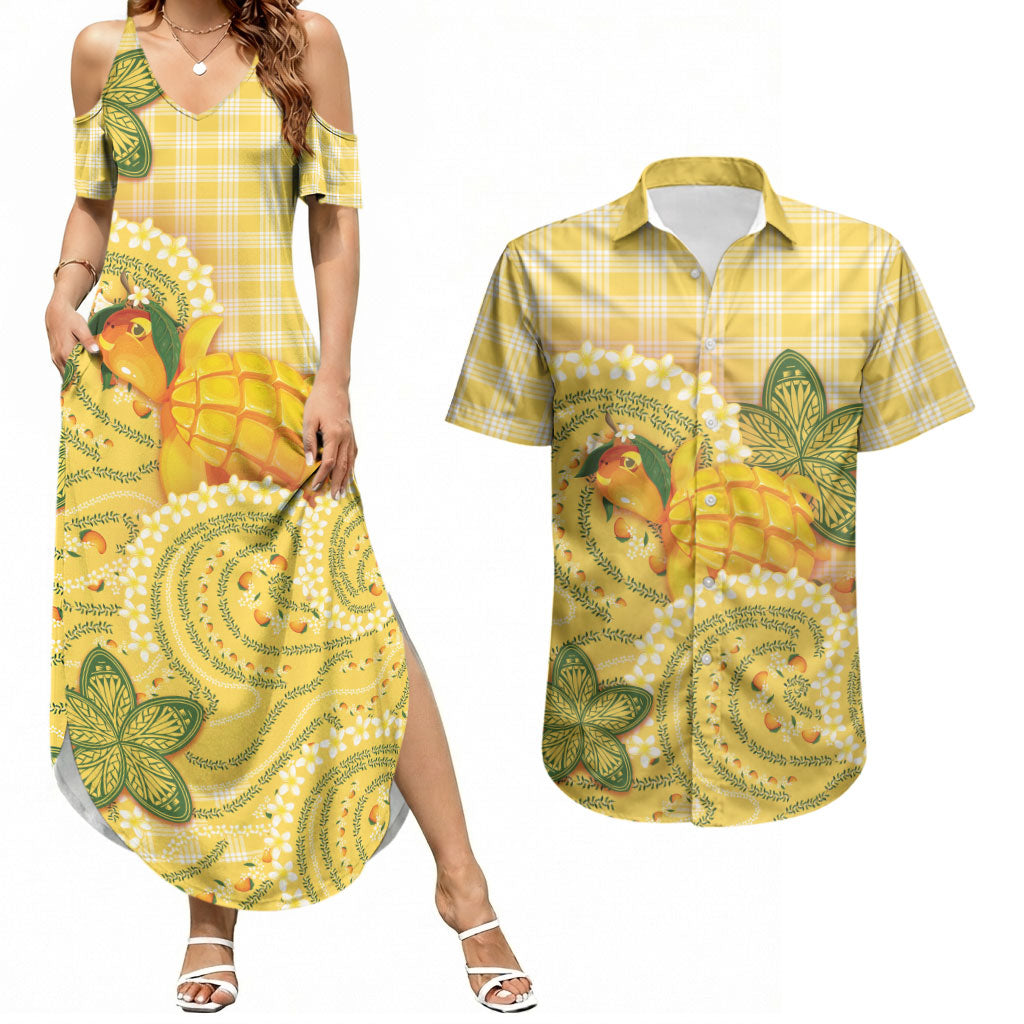 Hawaii Palaka Couples Matching Summer Maxi Dress and Hawaiian Shirt Cute Ripe Mango Turtle On The Waves DT05 Yellow - Polynesian Pride