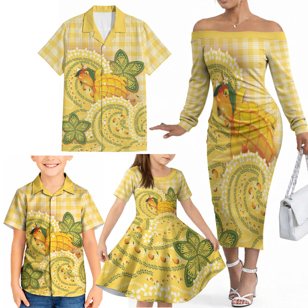 Hawaii Palaka Family Matching Off The Shoulder Long Sleeve Dress and Hawaiian Shirt Cute Ripe Mango Turtle On The Waves DT05 - Polynesian Pride