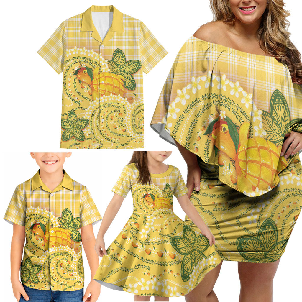 Hawaii Palaka Family Matching Off Shoulder Short Dress and Hawaiian Shirt Cute Ripe Mango Turtle On The Waves