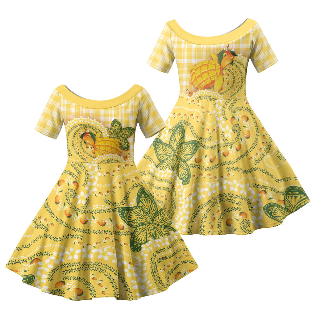 Hawaii Palaka Family Matching Off Shoulder Short Dress and Hawaiian Shirt Cute Ripe Mango Turtle On The Waves