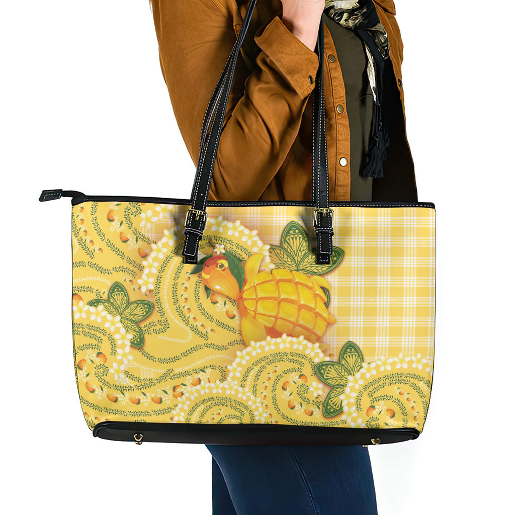 Hawaii Palaka Leather Tote Bag Cute Ripe Mango Turtle On The Waves
