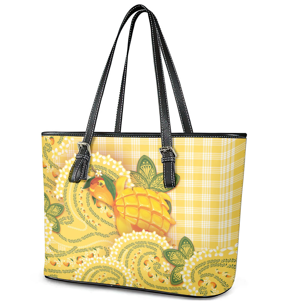 Hawaii Palaka Leather Tote Bag Cute Ripe Mango Turtle On The Waves