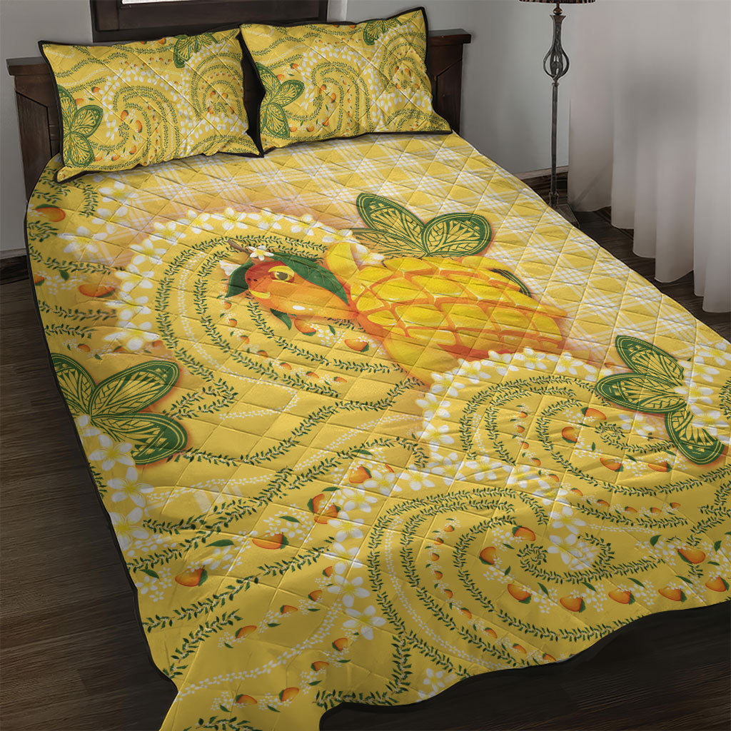 Hawaii Palaka Quilt Bed Set Cute Ripe Mango Turtle On The Waves